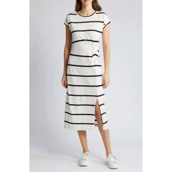 Caslon Dresses & Skirts - CASLON Twist Waist Organic Cotton Midi T-Shirt Dress - Ivory Cloud- Black Stripe